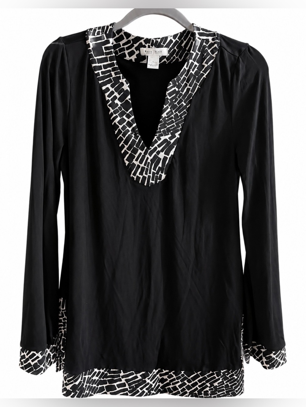 White House Black Market Black Tunic with Graphic-Trim V-Neck